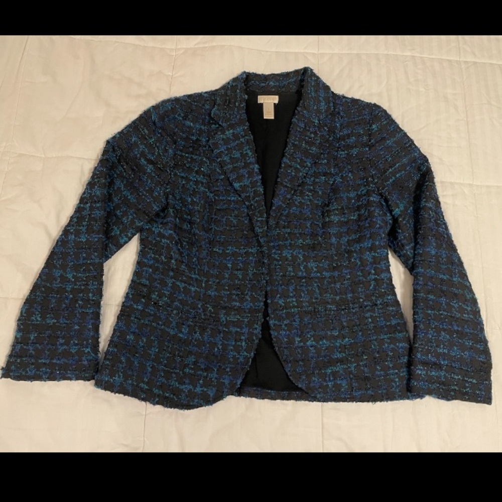 Chico’s Blue Grotto Black Houndstooth Tweed Jacket Open Blazer Office Size 1 M/L